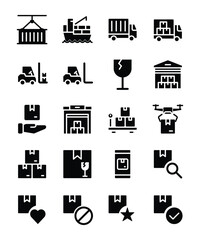 Logistics and delivery icons showing shipping, warehousing, and parcel handling