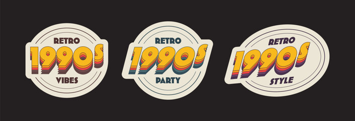 Collection of vintage retro label inspired by 90s aesthetics. Inscription 1990s with bold colourful typography. Can be use for posters, branding, printing and logo
