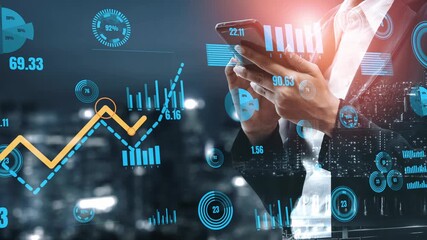 A business professional is using a smartphone to analyze financial data amidst digital graphs and charts, capturing the essential elements of modern finance and technology. Xenic - Powered by Adobe