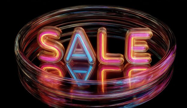 Neon "SALE" sign in a swirling glass dish