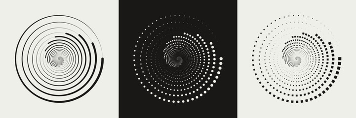 Set of different twisted speed lines in circle form. Abstract geometric circles with rotating linear, dotted and dashed lines who consisting of one sections. Design element for logo, prints, template