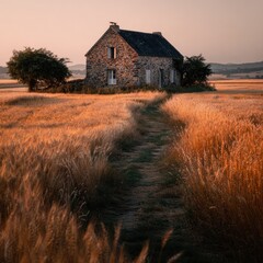 Rustic stone house in a golden wheat field at dawn