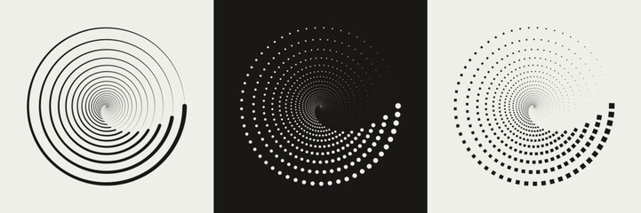Set of different twisted speed lines in circle form. Abstract geometric circles with rotating linear, dotted and dashed lines who consisting of one sections. Design element for logo, prints, template