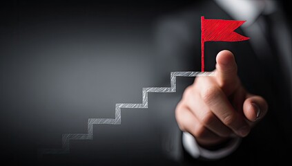 Businessperson points to a red flag atop a drawn staircase, suggesting progress and achievement