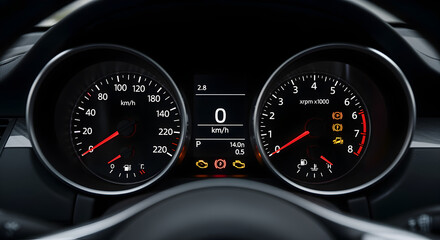 Black Car Dashboard Featuring Illuminated Analog Gauges and Digital Display With Modern Car Interior Design