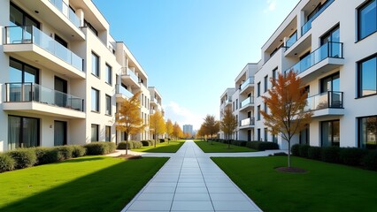 Modern Residential Apartment Complex with Pathway, Green Garden, and Contemporary Architecture under Clear Blue Sky