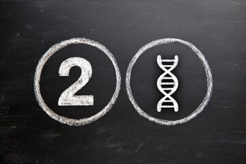 Chalkboard with two circles; one holding "2" and the other a DNA strand