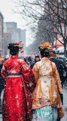 Obraz premium Parade participants dressed in traditional Chinese clothing for New Year.