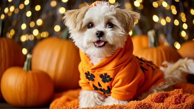 Cute dog wearing pumpkin costume sweater lying among pumpkins for Halloween  