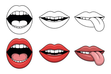 Expressive Mouth Illustrations Set with Open, Closed, and Tongue-Out Poses on Transparent Background for Design Projects