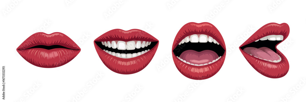 Poster set of expressive red lips illustrations in different poses on a transparent background for design p