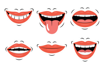 Cartoon Mouth Expressions Set with Happy, Smiling, and Playful Faces for Animation and Graphic Design Projects