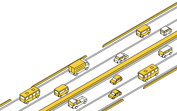 中央分離帯のある片側二車線道路のシンプルな線画アイソメトリックイラスト