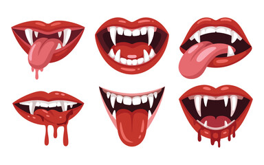 Cartoon Vampire Mouths Vector Set with Fangs and Tongue Expressions on White Background for Graphic Design