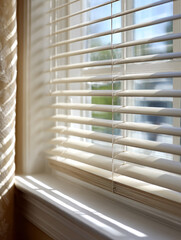 Sunlit window with blinds casting shadows on a bright day.