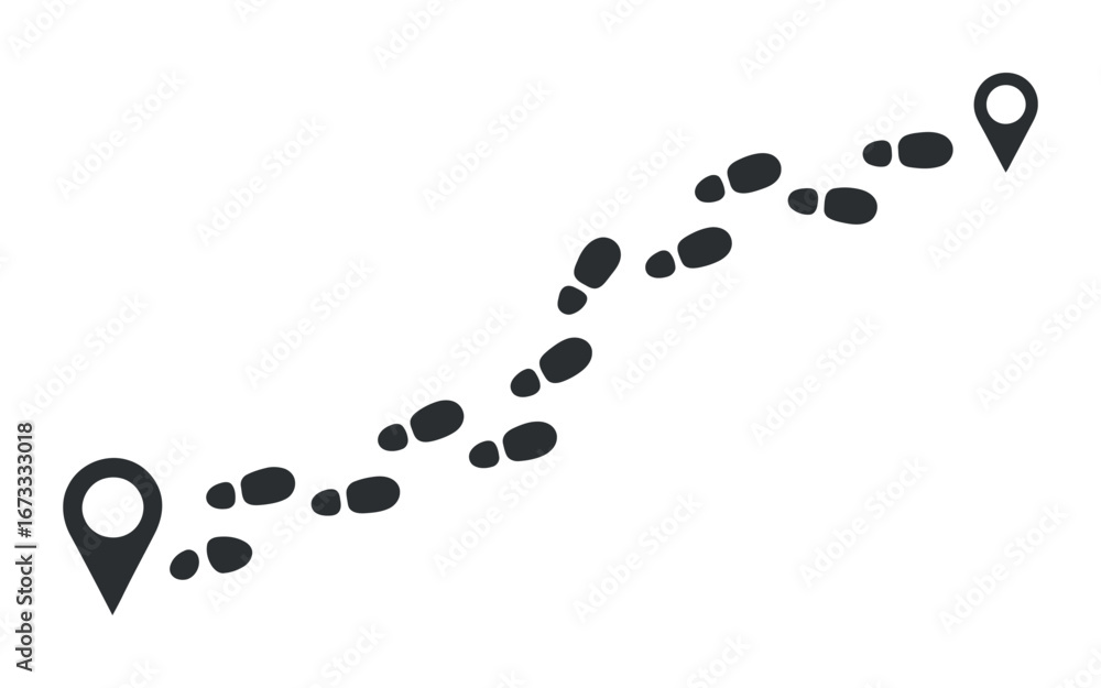 Poster footprints path with location markers on white background, indicating a journey or route with naviga