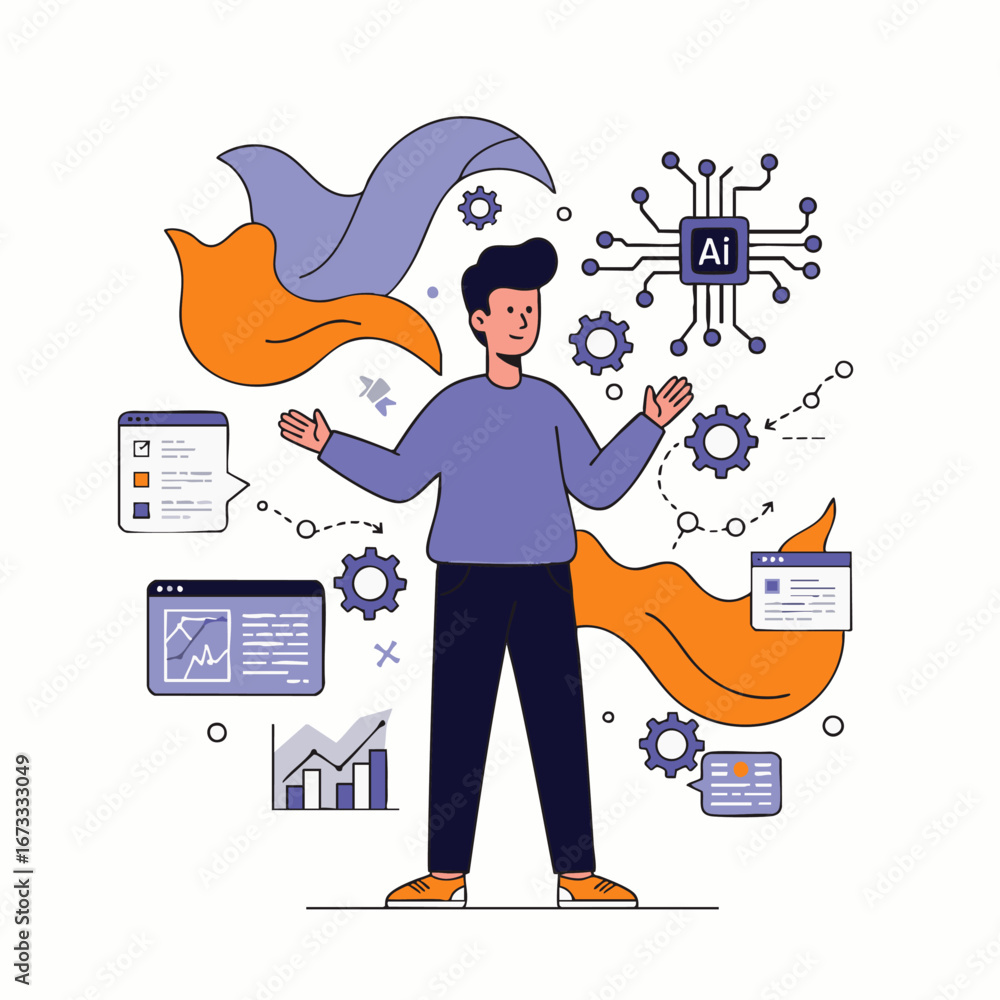 Poster a modern professional is depicted amidst a dynamic display of artificial intelligence, data analytic