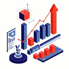 Fototapeta premium This vibrant isometric illustration depicts a dynamic business growth concept, showcasing financial success through detailed data analysis and technological advancement.