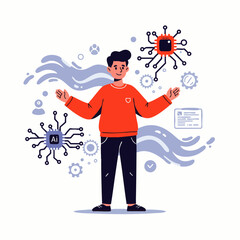 A stylish flat design illustration portrays a cheerful man engaged with artificial intelligence, data processing, and cutting-edge digital technology.