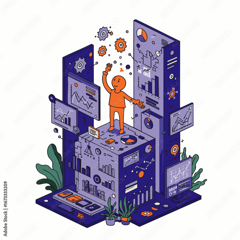 Poster an optimistic person celebrates success within a data visualization, symbolizing business analytics,