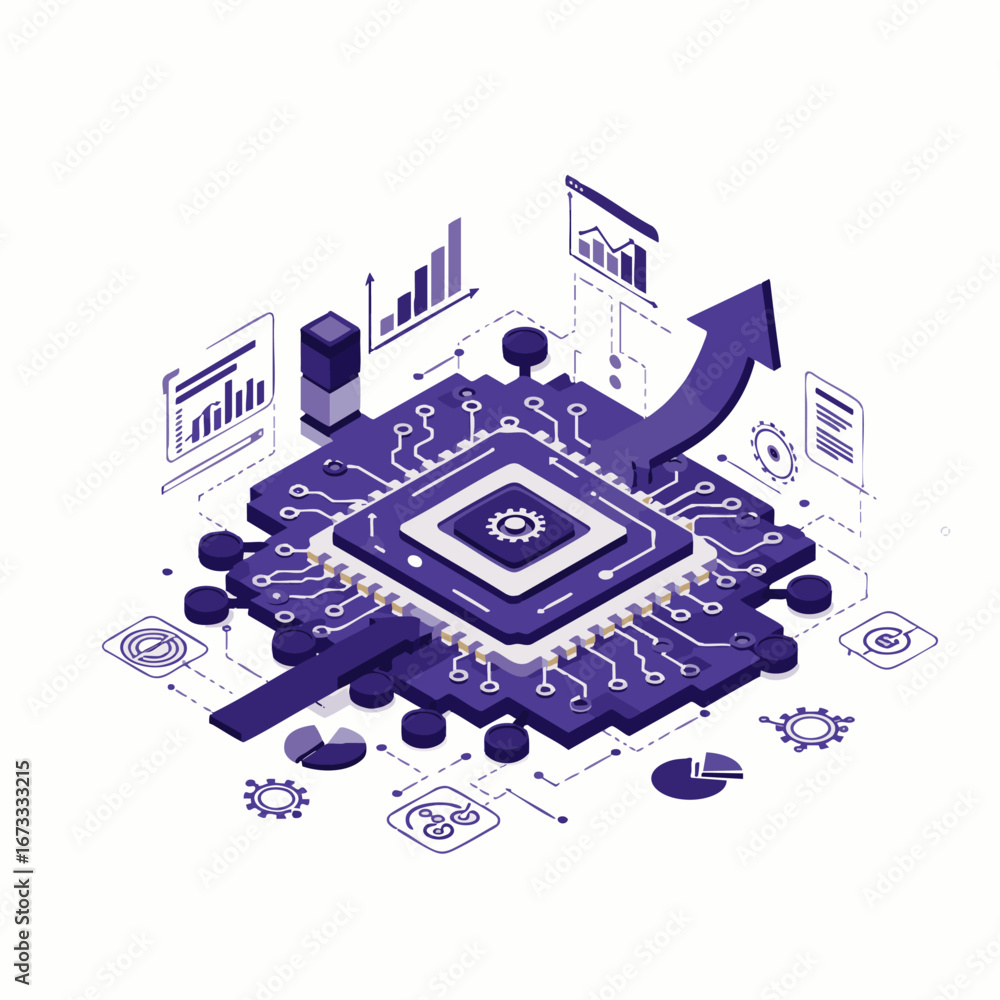 Poster an isometric illustration showcases a central microchip surrounded by diverse data analytics, symbol