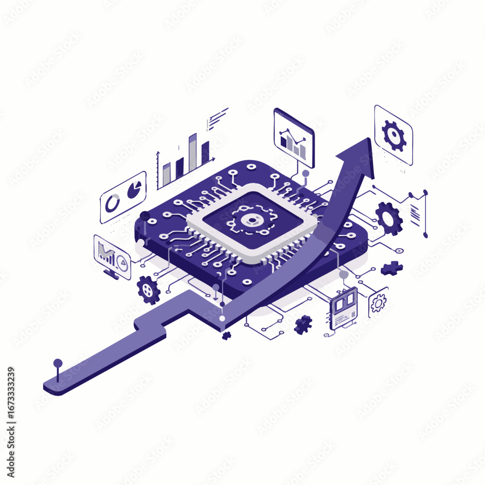 Poster an intricate isometric illustration depicts a central microchip surrounded by various data analysis 
