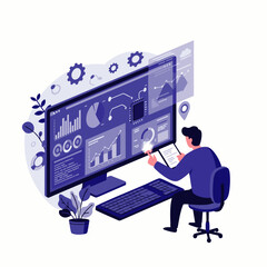 A professional meticulously analyzes complex data visualizations on a large monitor, enhancing digital workflow with a tablet in a modern tech environment.