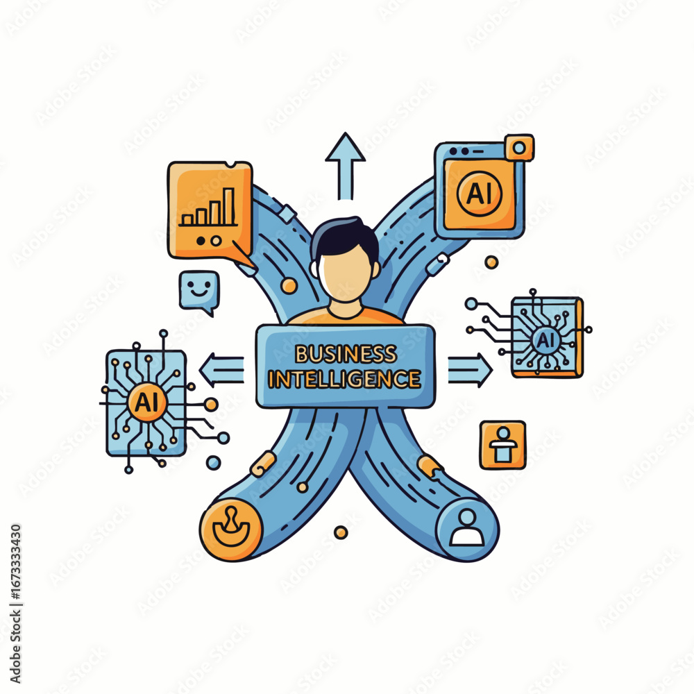 Poster this vibrant illustration effectively visualizes the core components of business intelligence, conne