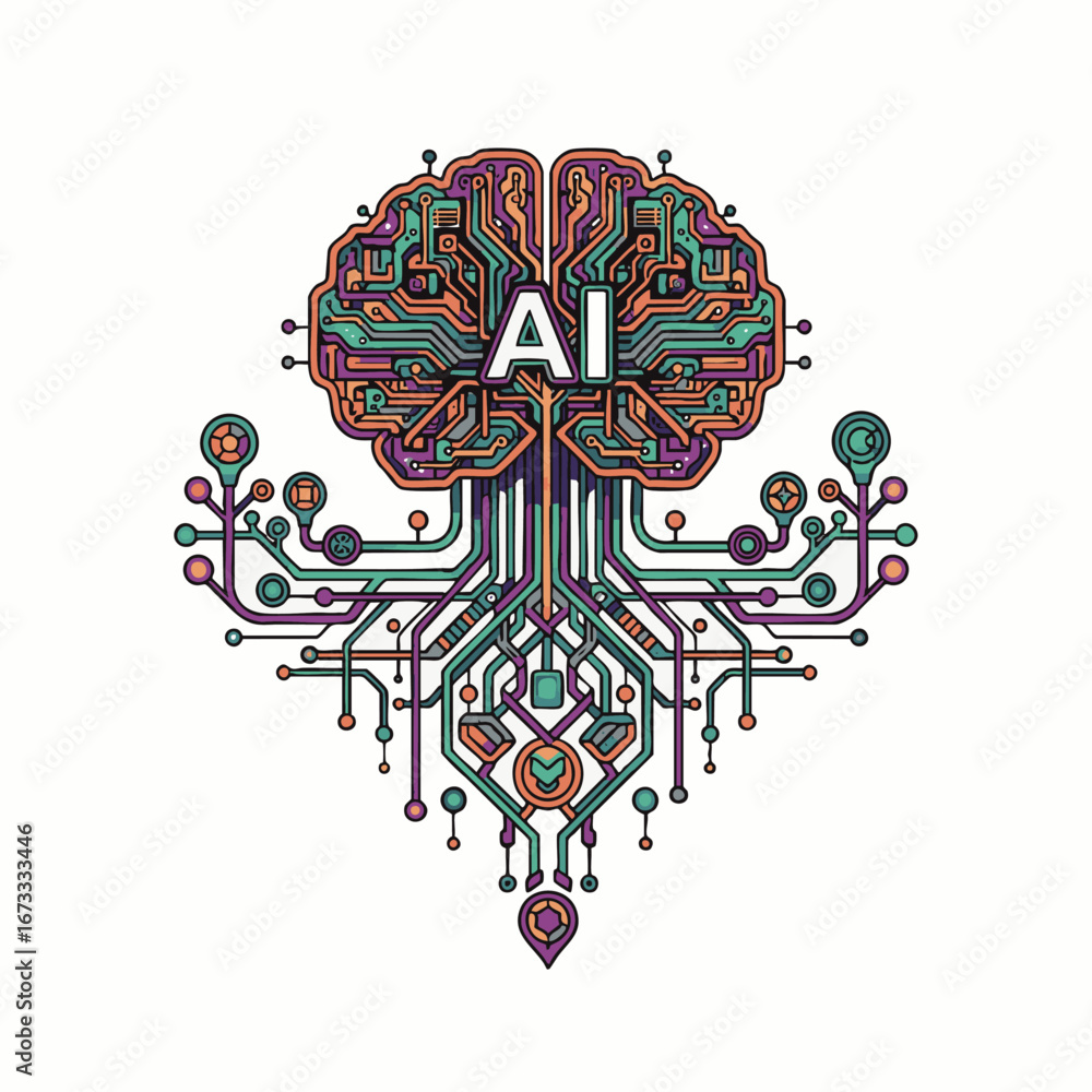 Poster a captivating digital illustration portrays an ai brain, intricately designed like a circuit board w