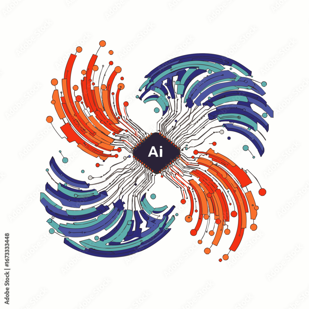 Poster an abstract representation of artificial intelligence, with a central ai chip emitting colorful, swi