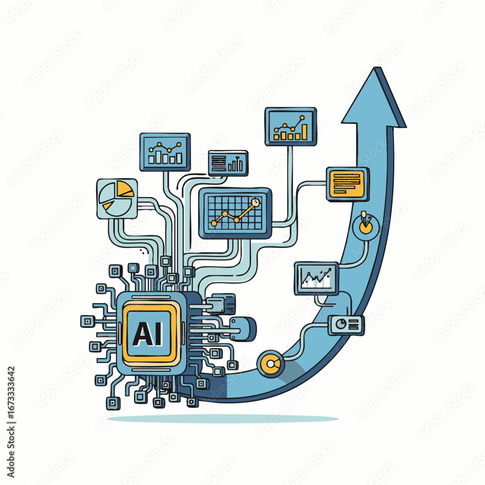 Poster this intricate illustration depicts an artificial intelligence microchip processing complex data, sh