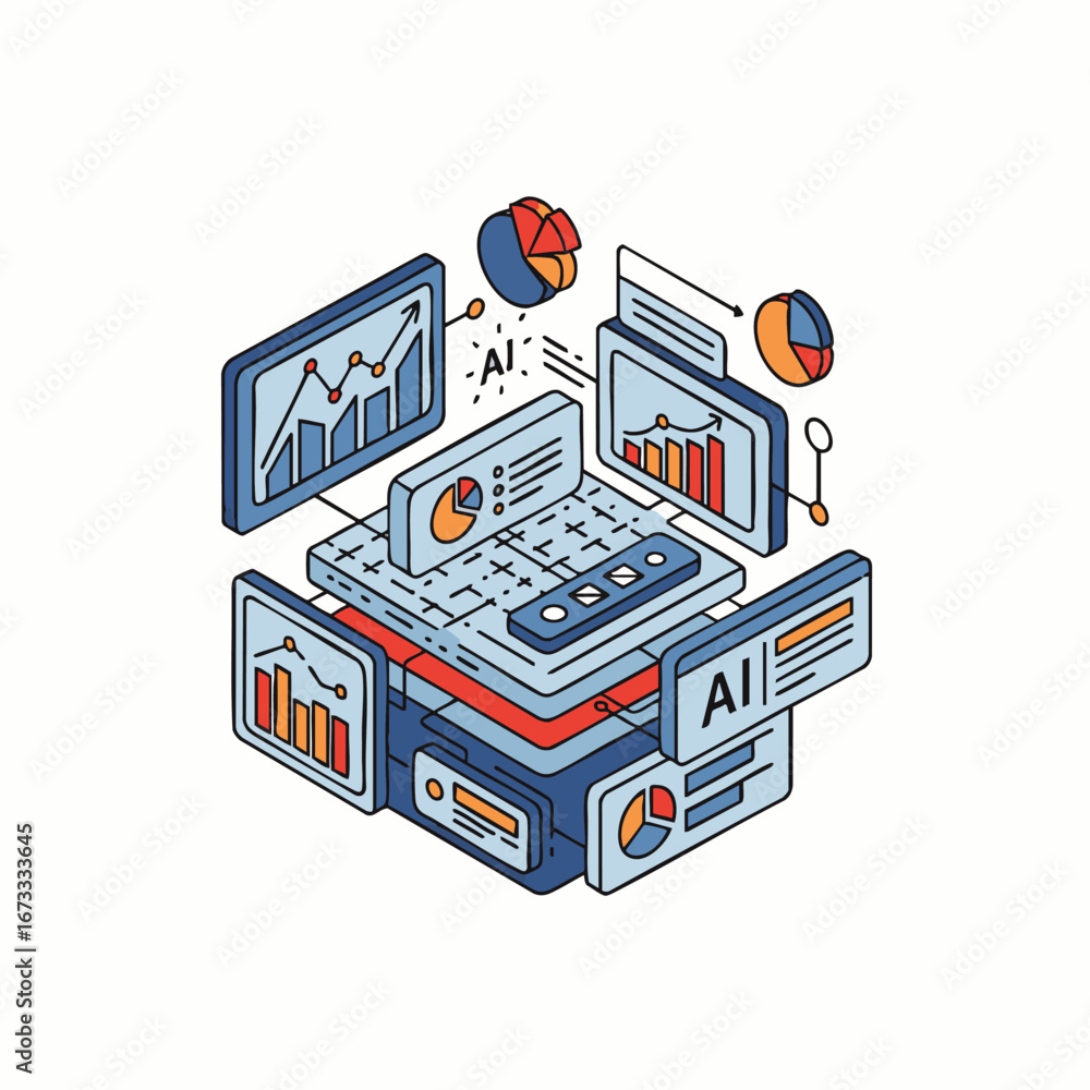 Poster an intricate isometric illustration visually represents artificial intelligence processing complex d