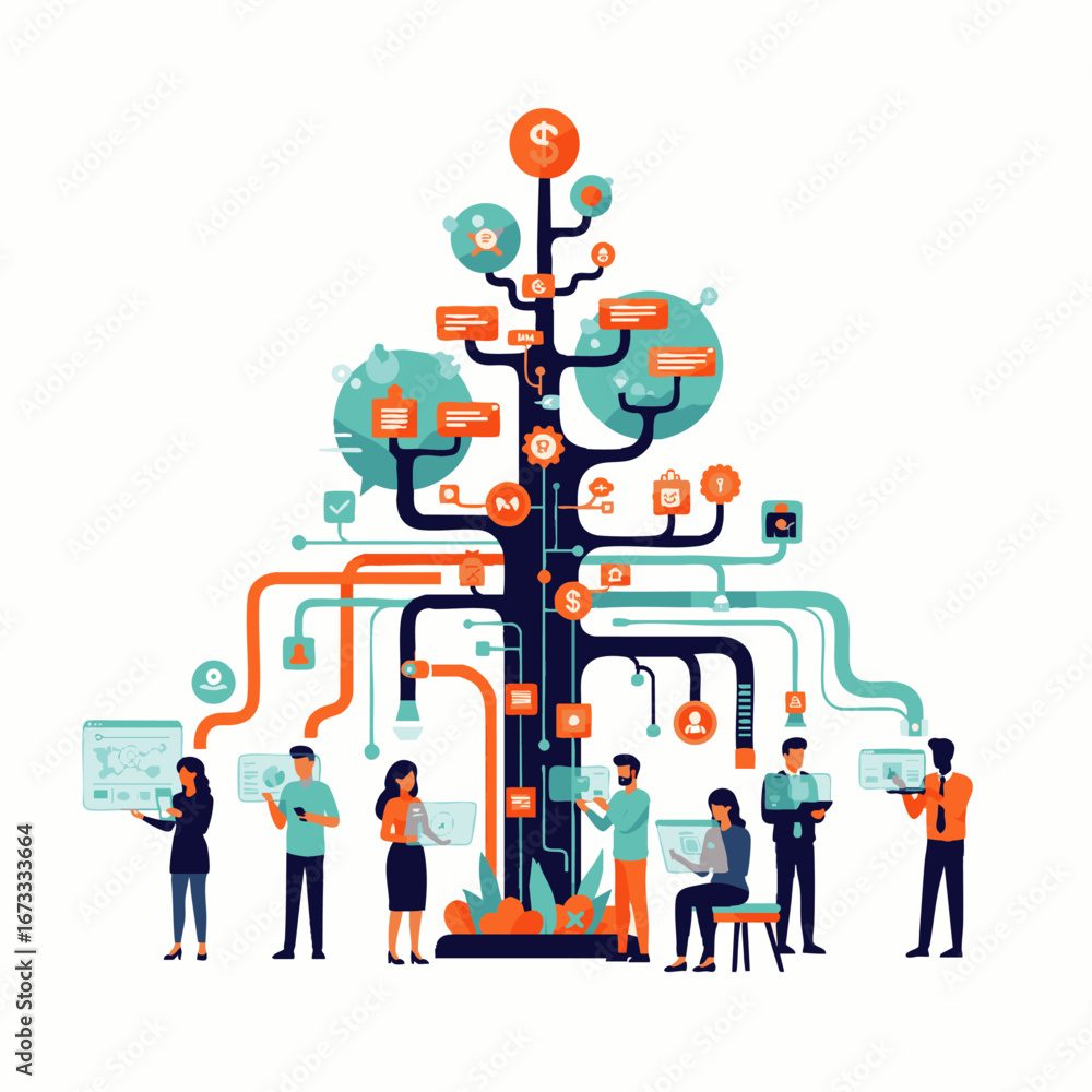 Poster a diverse team of professionals collaborates around a complex digital ecosystem represented by a vib