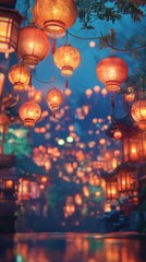 Chinese lanterns radiating warm light in a dark festive evening.