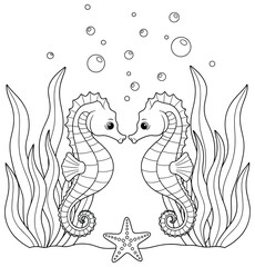 Seahorse vector illustration featuring two seahorses facing each other surrounded by bubbles, seaweed, and a starfish in a clean cartoon line art style perfect for coloring book pages and designs