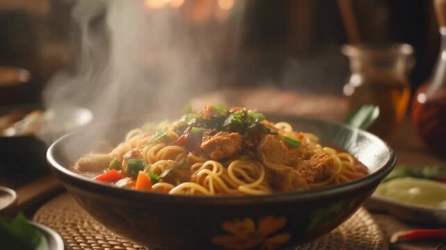 A cinematic video of a steaming bowl of Indonesian noodles (mie goreng or mie ayam), hot and freshly served.