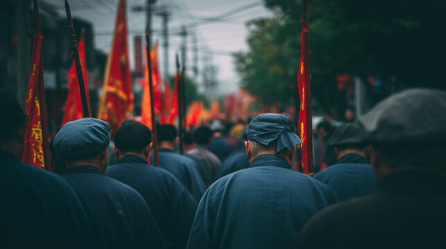 Shaolin Wushu Festival crowd with red banners marching in unity celebrating martial arts traditions, cultural pride, and Shaolin warrior spirit