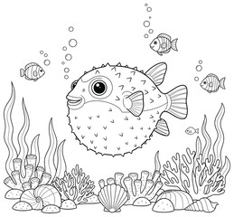 Pufferfish vector illustration featuring a cute inflated fish surrounded by coral reef, seashells, seaweed, and small fishes in a clean cartoon line art design perfect for coloring