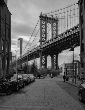 Black and white view of Manhattan Bridge from Dumbo Brooklyn