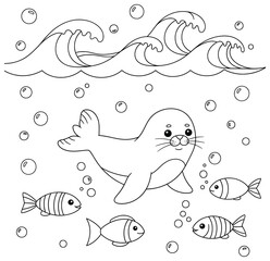 Seal swimming underwater surrounded by fish bubbles and ocean waves illustrated in clean bold cartoon line art style as a detailed vector design suitable for coloring books and creative projects