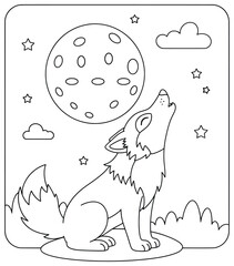 Wolf howling at the full moon surrounded by stars clouds and bushes illustrated in bold clean cartoon line art style as a detailed vector design created for coloring books and graphic resources