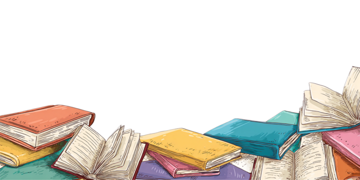 Pile of colorful vintage books isolated on transparent background