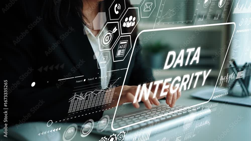 Aufkleber business professional emphasizing data integrity with digital overlay of technology icons and analyt