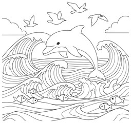 Dolphin vector illustration of marine animal leaping above ocean waves with seagulls flying in the sky and fish swimming below in a detailed black and white outline drawing