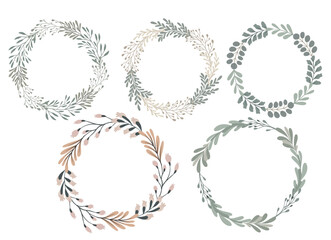 Vector illustration with floral wreaths in pastel tones. Elegant botanical design. Minimal flat style