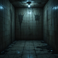 Cracked tiles in a dark damp room with mold, evoke a sense of decay, neglect, and the passage of time, illuminated by a single, haunting light source.