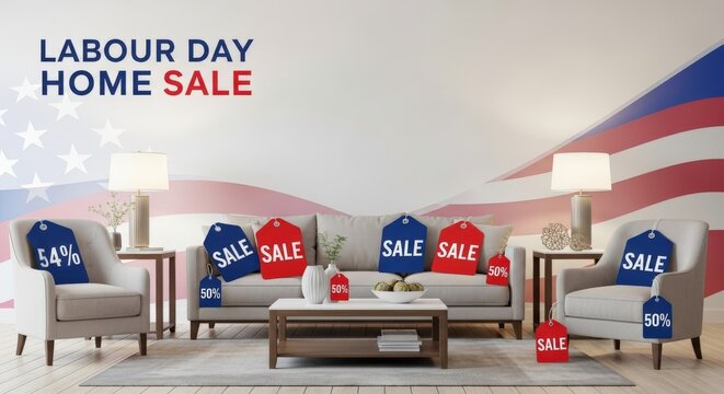 Labour Day Home Sale with sofa, chairs and SALE tag price, American flag background