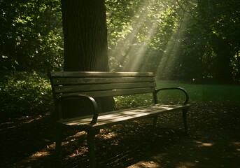 Empty Park Bench Bathed in Sun Rays Under a Lush Green Tree