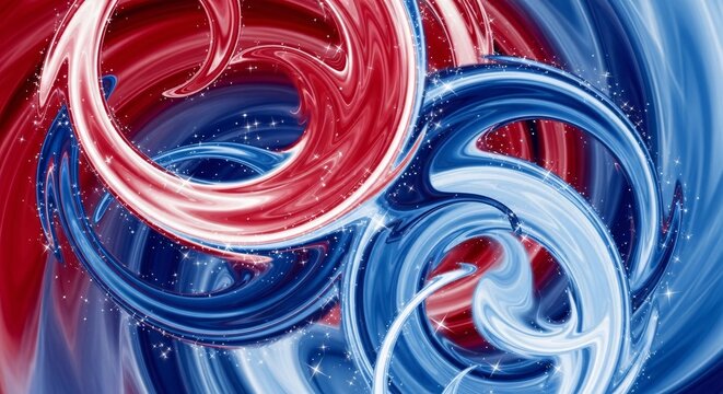 Dynamic abstract swirls of red and blue with sparkling stars create a patriotic vibe for celebrations