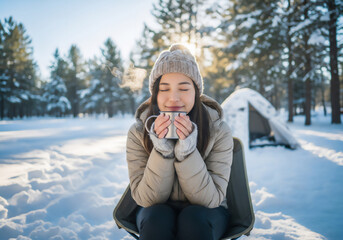 雪景色の冬キャンプを楽しむ女性